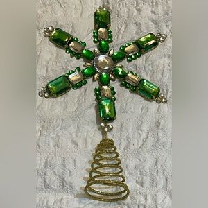 Pier 1 or Dillards Elegant Tree Topper Green /Clear Jewels  Gold Glitter base